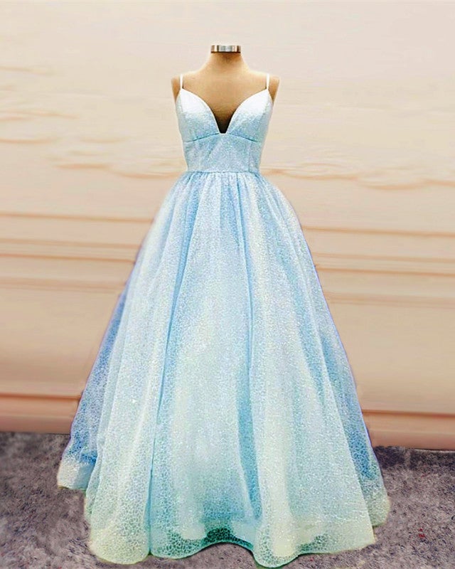 Plus Size Prom Dresses Glitter Tulle V Neck Ball Gown-alinanova