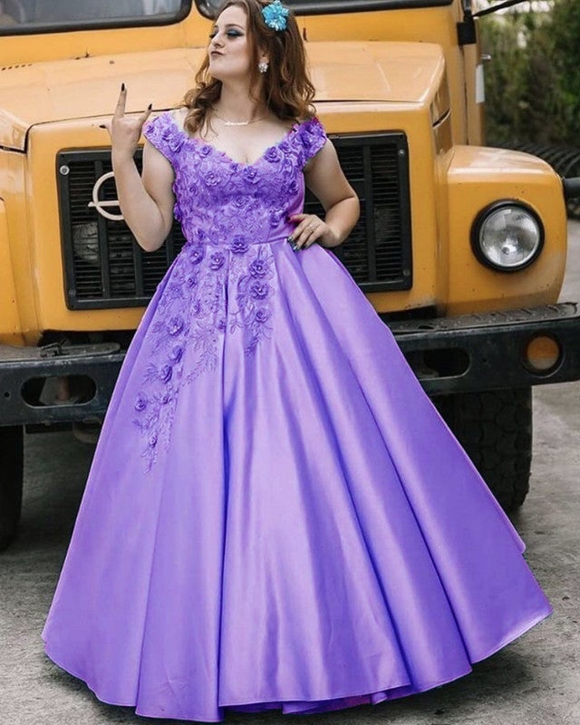 Plus Size Prom Dresses Satin Off Shoulder 3D Flowers Beaded