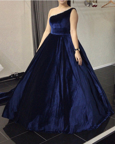 Plus Size Prom Dresses Velvet Ball Gown One Shoulder-alinanova