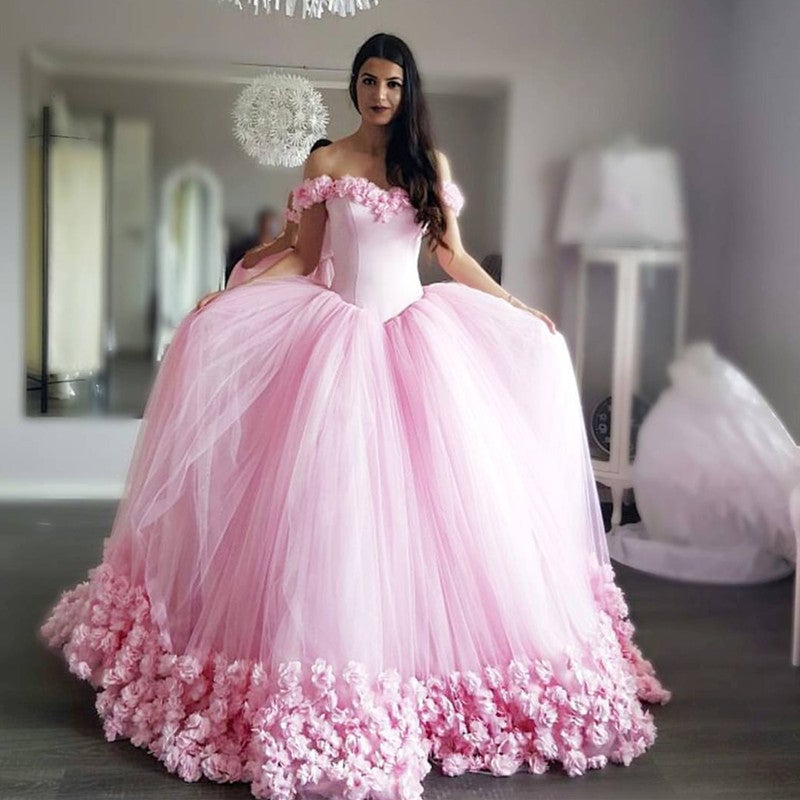 Pretty Blush Pink Tulle Flower Ball Gowns Quinceanera Dress For Sweet 16-alinanova