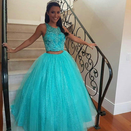 Pretty Lace Crop Top Tulle Ball Gowns Quinceanera Dresses Two Piece-alinanova