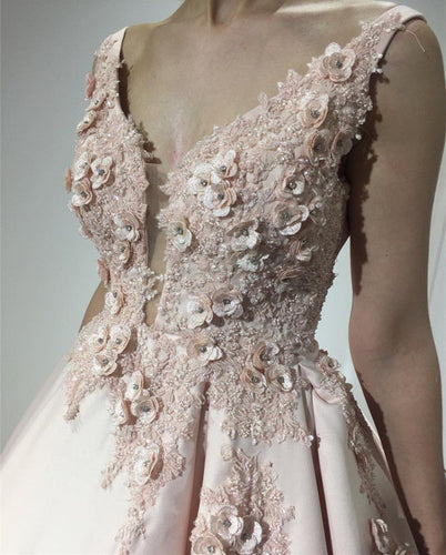 Pretty Pink Lace Appliques V Neck Ball Gown Wedding Dresses With Flowers-alinanova