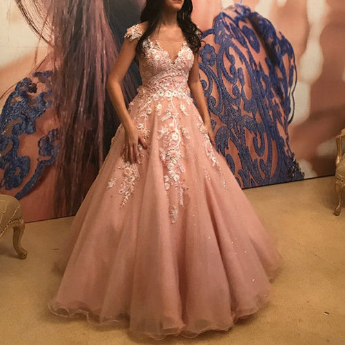 Pretty Pink Tulle Princess Style Cap Sleeves Quinceanera Dresses Lace Embroidery-alinanova