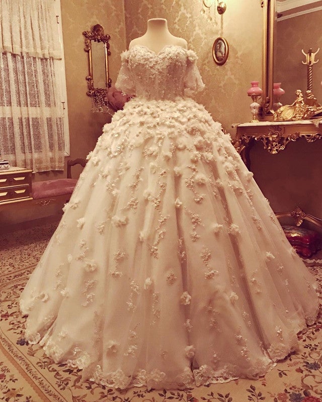 Princess Ball Gown Wedding Dress 3D Floral Lace Flowers Off Shoulder-alinanova