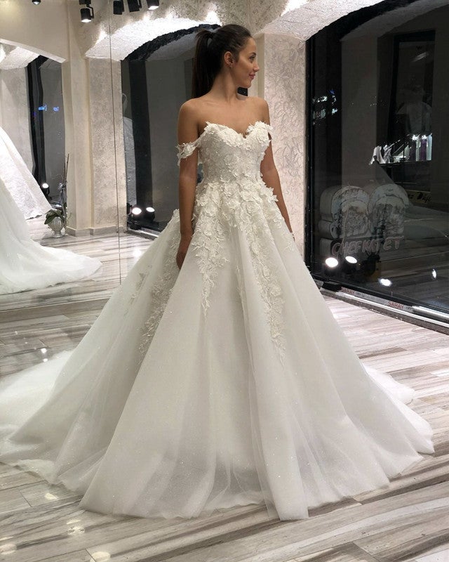 Princess Ball Gown Wedding Dress Tulle With 3D Lace Off Shoulder-alinanova