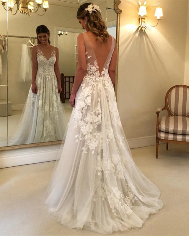 Princess Style A-line V-neck Tulle Floor Length Wedding Dresses Lace E –  alinanova