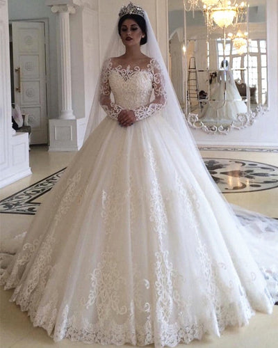 Princess Style Long Sleeves Lace Wedding Dresses-alinanova