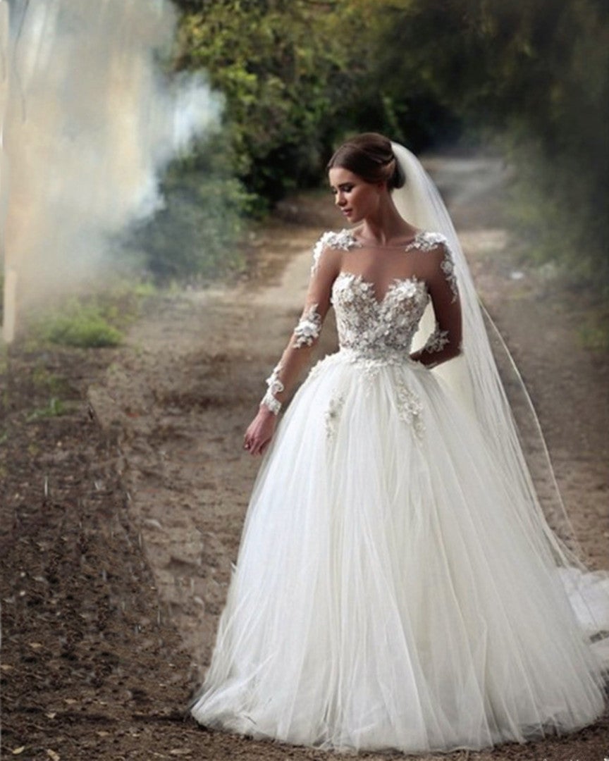 Princess Wedding Dresses Sheer Long Sleeves Lace Embroidery Princess Wedding Dresses Sheer Long Sleeves Lace Embroidery