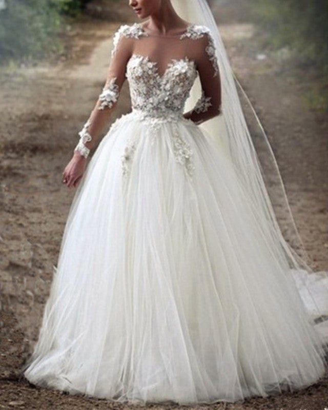 Princess Wedding Dresses Sheer Long Sleeves Lace Embroidery-alinanova
