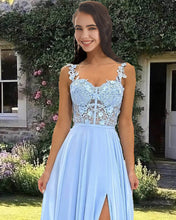 Load image into Gallery viewer, Light Blue Appliques Sweetheart Chiffon Split Dress
