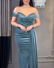 Load image into Gallery viewer, Blue Velvet Mermaid Split Off Shoulder Dress
