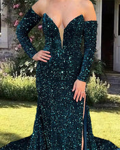 Load image into Gallery viewer, Mermaid Dark Green Split Sequined Dress With Sleeves
