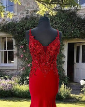 Load image into Gallery viewer, Mermaid Red V-neck Satin Dress With 3D Flowers
