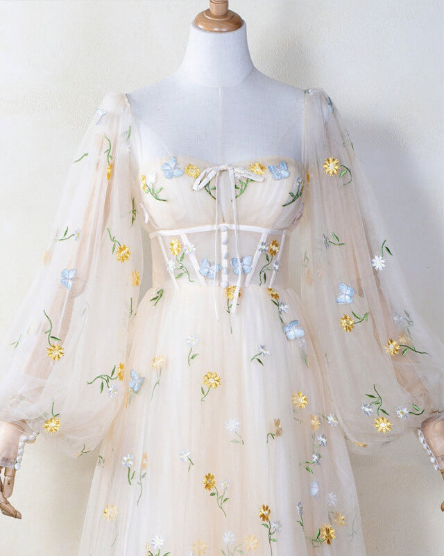 Beige Tulle Ankle Length Cottagecore Dress with Sleeves Beige Tulle Ankle Length Cottagecore Dress with Sleeves