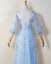 Load image into Gallery viewer, Light Blue Tulle Midi Cottagecore Dress With Sleeves
