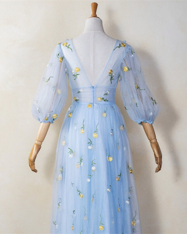 Light Blue Tulle Midi Cottagecore Dress With Sleeves alinanova Light Blue Tulle Midi Cottagecore Dress With Sleeves alinanova