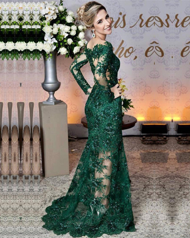 Long Sleeves Lace Mermaid Prom Dresses See Through Evening Gowns Long Sleeves Lace Mermaid Prom Dresses See Through Evening Gowns
