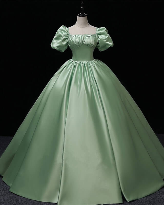 Puffy Sleeve Satin Floor Length Ball Gown Corset Dress Puffy Sleeve Satin Floor Length Ball Gown Corset Dress