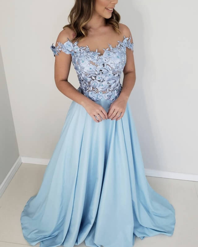 Lace Embroidery Satin Prom Dresses Off Shoulder
