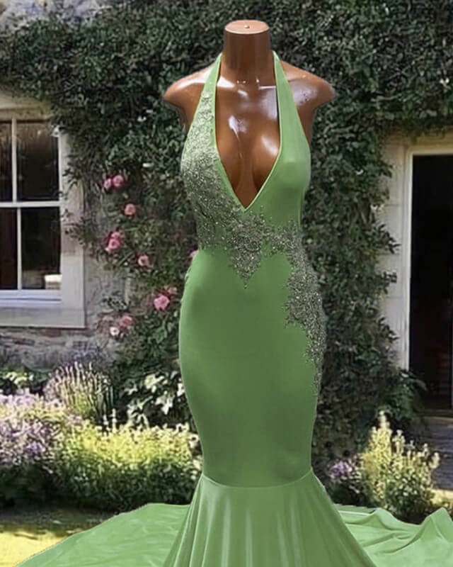 light green halter dress Mermaid Light Green Halter Appliques Dress – alinanova