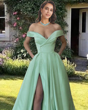Load image into Gallery viewer, Off The Shoulder Split Satin Dress With Pockets
