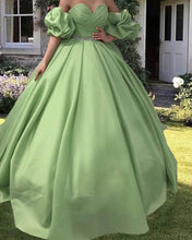 Load image into Gallery viewer, Ruched Sweetheart Puffy Sleeve Satin Ball Gown
