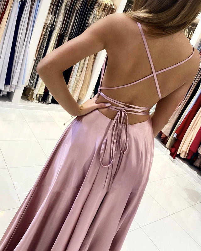 Floor Length Satin Split Dresses Lace Up Back