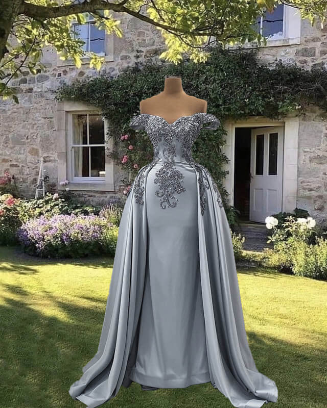 silver off the shoulder prom dress Mermaid Silver Satin Appliques Dress