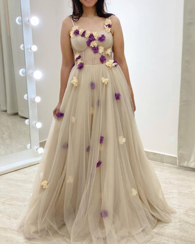 Nude Tulle Corset Dress With 3D Flowers