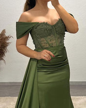 Load image into Gallery viewer, Mermaid Olive Green Satin Applique Gown
