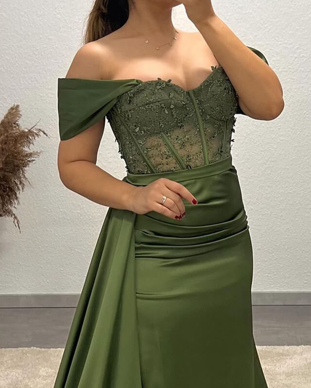 Mermaid Olive Green Satin Applique Gown Mermaid Olive Green Satin Applique Gown
