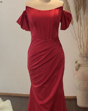 Load image into Gallery viewer, Mermaid Red Satin Corset Dress Off The Shoulder
