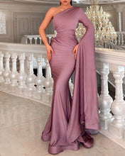 Load image into Gallery viewer, Mermaid Mauve One Sleeve Satin Dress
