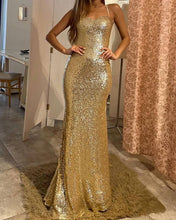 Load image into Gallery viewer, Mermaid Gold Sequin Backless Dress
