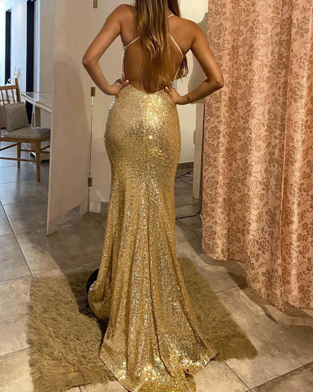 Mermaid Gold Sequin Prom Dress