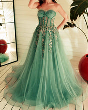 Load image into Gallery viewer, Sgae Green Sweetheart Corset Appliques Prom Dresses
