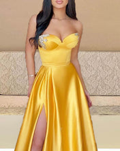 Load image into Gallery viewer, Bright Gold Satin Sweetheart Corset Slit Dress
