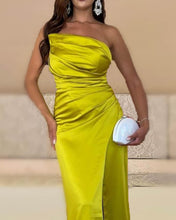 Load image into Gallery viewer, Moss Green Satin Sheath Split Dress
