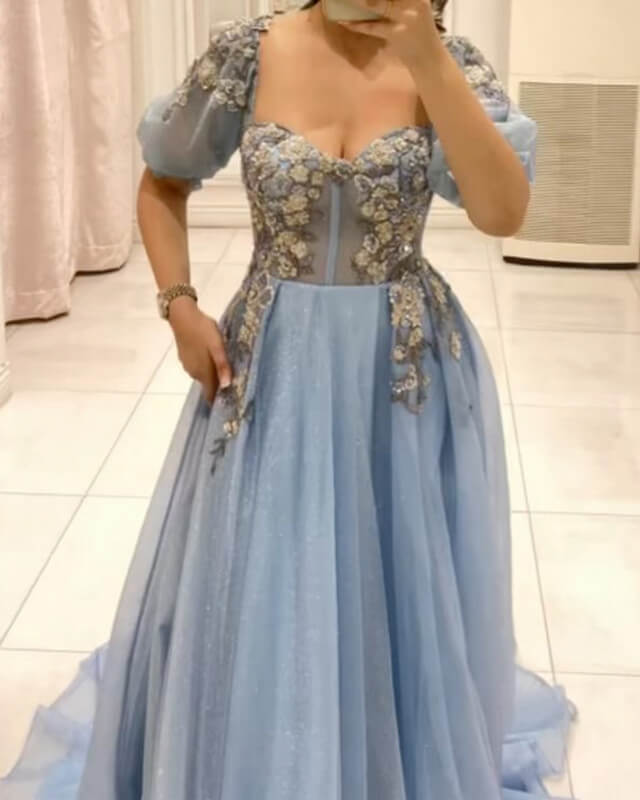 Light Blue Corset Tulle Cottagecore Dress With Embroidery