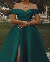 Load image into Gallery viewer, Dark Green Off The Shoulder Slit Satin Dress
