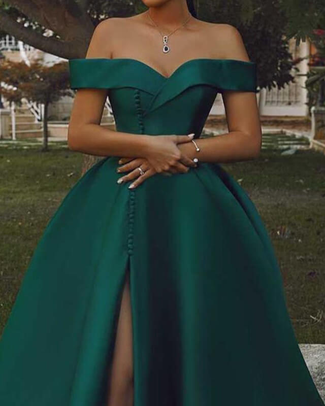 Dark Green Off The Shoulder Slit Satin Dress alinanova Dark Green Off The Shoulder Slit Satin Dress alinanova