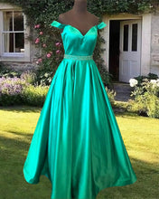 Load image into Gallery viewer, Green satin ball gowns prom dresses off the shoulder
