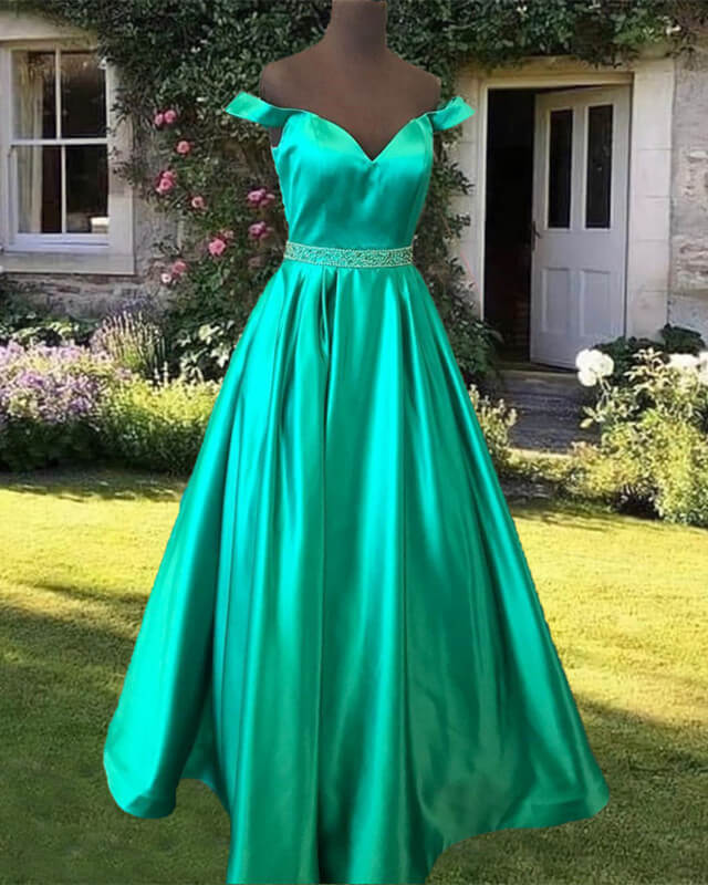Green satin ball gowns prom dresses off the shoulder