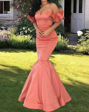 Load image into Gallery viewer, Ruffle Sleeves Sweetheart Corset Satin Mermaid Prom Dresses
