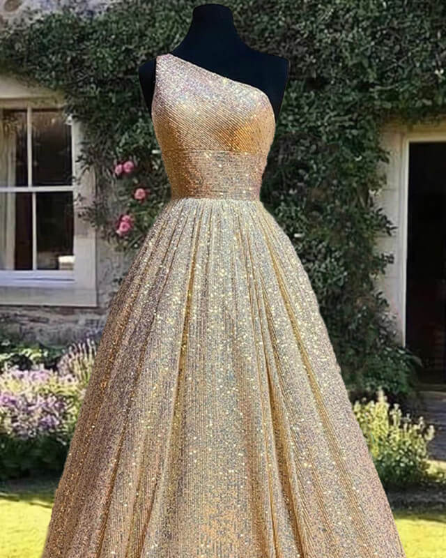 Ball Gown Sparkly One Shoulder Sequin Dress – alinanova