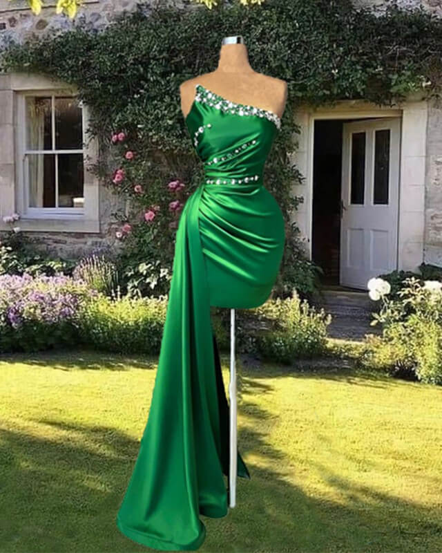 Short Green Sheath Strapless Satin Dress