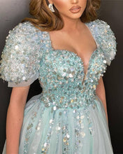 Load image into Gallery viewer, Blue Tulle Cap Sleeves Sequin Beaded Dress
