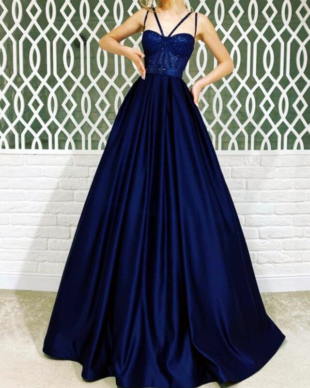 Navy Blue Sequin Corset Ball Gown With Criss Neck