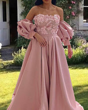 Load image into Gallery viewer, Light Pink Satin Puffy Sleeves Formal Gown
