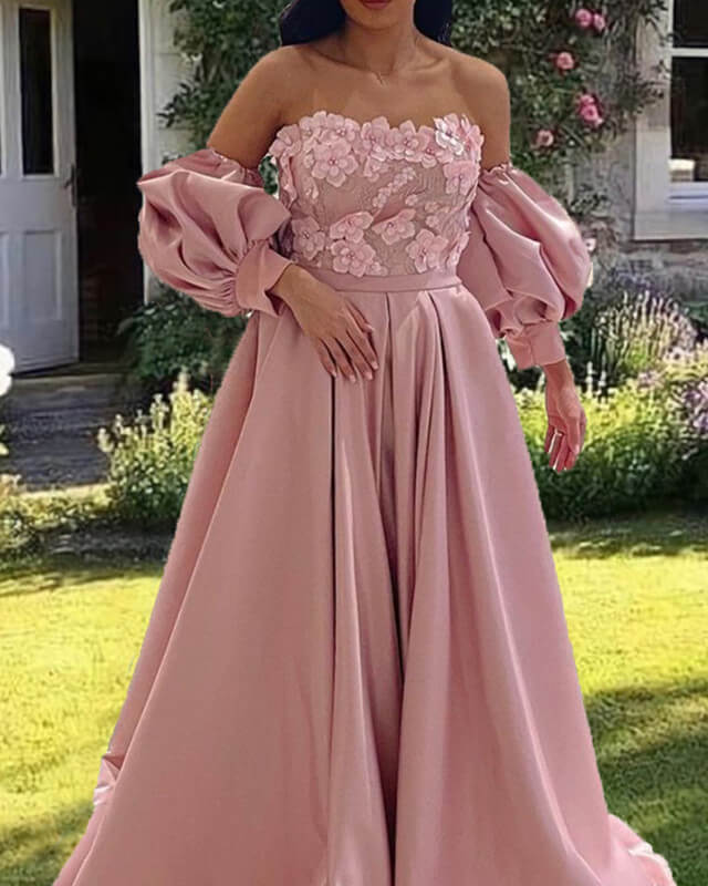 Light Pink Satin Puffy Sleeves Formal Gown